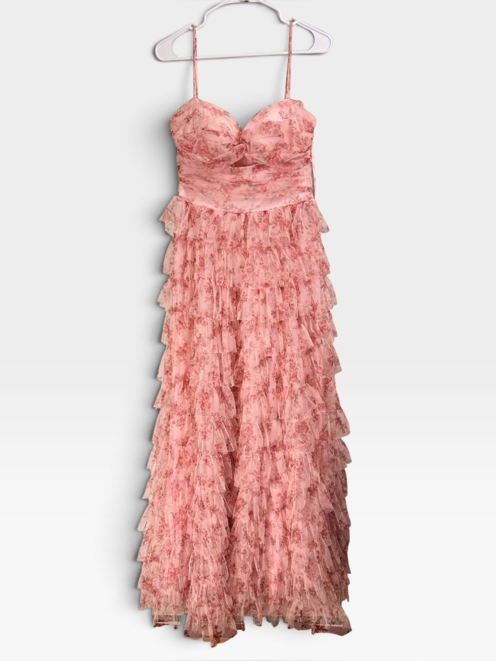 B. Darlin Size 13/14 Pink Floral Tiered Ruffle Tulle Maxi Dress Keyhole Bodice